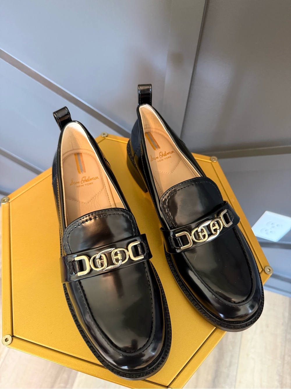 Sam Edelman Black Patent Leather Slip-On Loafers with Gold Chain Accent